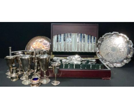Metalware - a George Butler E.P.N.S. canteen for six; other plated flatware; silver plated wine goblets; etc; a 19th century 