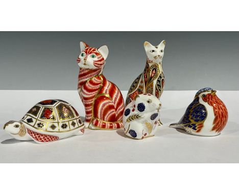 Royal Crown Derby Paperweights - Ginger Cat, silver stopper; Imari Tortoise, silver stopper; Persian Cat, silver stopper; Rob