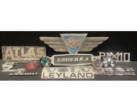 Automobila - vintage car and vehicle related badges, Bristol Lodekka bus; Atlas tyres; [Ford] Escort; AEC; Massey Ferguson tr