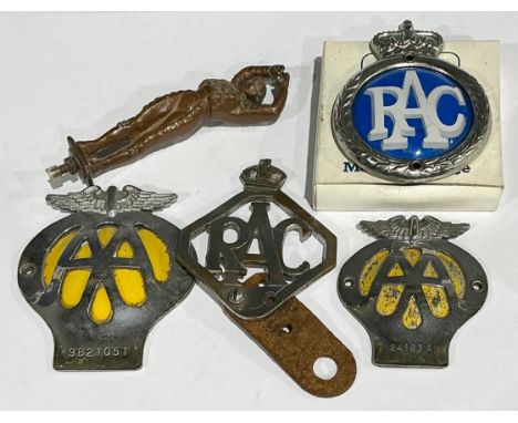 Automobilia -  vintage AA and RAC car badges; a cast figural car mascot (5)