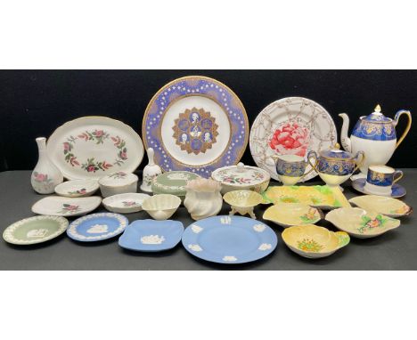 A Wedgwood blue and gilt bachelors coffee set;  Jasperware, Hathaway Rose oval tray, trinket box etc, Belleek porcelain scall