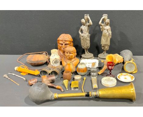 Boxes and Objects - a Desmo brass car horn; another brass car horn; a pair of early 20th century spelter figural candlesticks