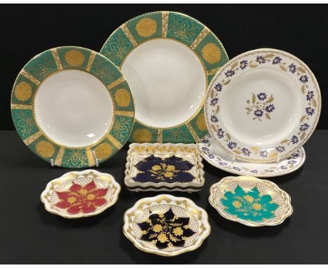 An Abbeydale plate, turquoise border with tooled raised Chrysanthemum in gilt; another smaller; three similar trinket dishes 