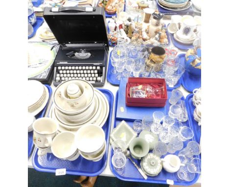 A Royal Doulton Cornwall pattern part dinner service, cased typewriter, Wedgwood green Jasperware, glass wares, etc. (3 trays