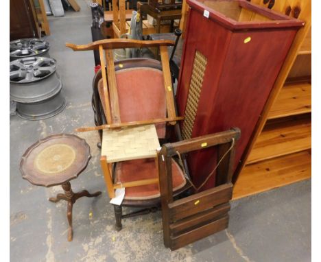 Assorted furniture, comprising a sled, nursing chair, stool, bookcase and wine table and stand. (6) 