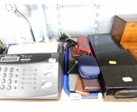 A metal deeds box, pen set, cased scientific instruments, a Sharpe UX108 fax machine, Fujicam camera, table lamp, etc. (1 tra