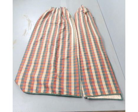 Three pairs of cotton lined chequered curtains, with four matching tie-backs.First pair: - Drop 210cm, width (top) 80cm, (bas