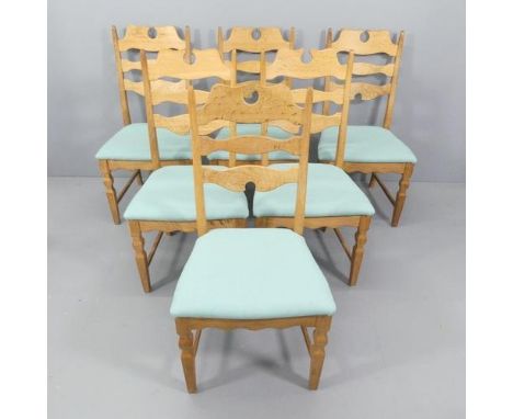 HENNING KJAERMULF FOR E.G MOBLER - A set of six mid-century Danish high back razor blade chairs in oak.