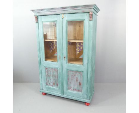 A painted pine two-door larder cupboard, with shelf fitted interior. 119x176x52cm. 