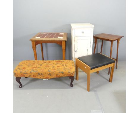 A painted pine pot cupboard, 40x92x42cm, a mahogany and upholstered fender stool, a tile-top table, etc. (5) 