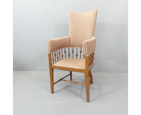 Victorian Arts and Crafts beech-framed chair, with bobbin spindled gallery, width 50cmFrame is rigid with only an extremely s