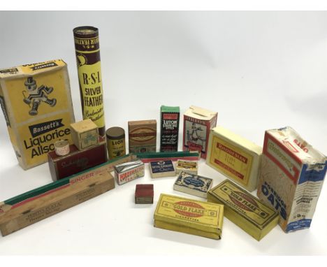 An interesting assortment of vintage food and household item packaging of various well known brands such as Liquorice Allsort