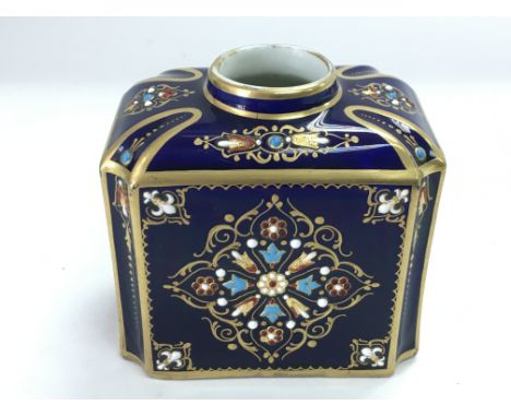 A Sevres tea caddy with enamel decoration and jewelled decoration, approx height 7.5cm.