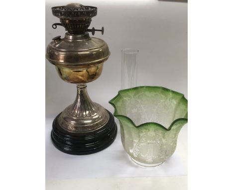 A Victorian silver plated oil lamp, later shade (a/f) - NO RESERVE