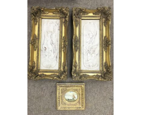 A pair of gilt framed porcelain plaques depicting Neo Classical figures, approx 23cm x 43cm, together with a gilt framed oil 