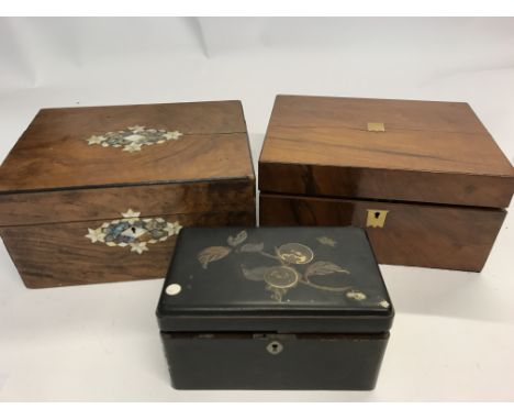 One walnut box inlaid with mother of pearl for restoration. One well fitted walnut writing box with green leather interior an