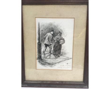 A framed and glazed pencil sketch of Darby and Joan, approx 32cm x 38cm.