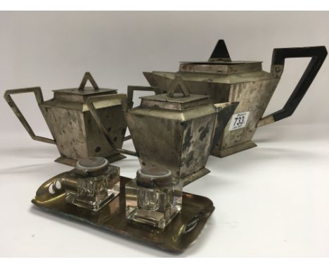 An Art Deco Tea set marked EPNS together with an Art Deco inkwell set