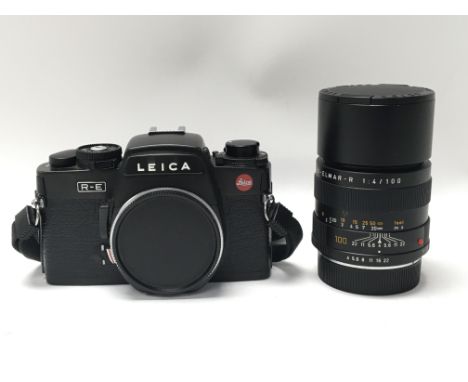 A Leica R-E 35mm SLR camera body together with a Leitz Wetzlar Macro-Elmar-R 100mm f4