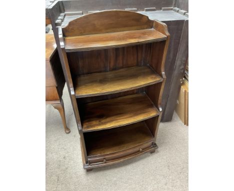 A mahogany floor standing 3 tier bookshelf together with a mahogany open wall shelf