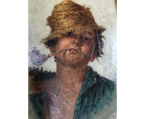 A gilt framed oil on canvas depicting a young male smoking a pipe signed Petiocelle 19 cm by 24 cm .