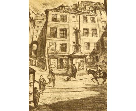 Edward William Charlton (British,1859-1935) An etching of 'The Street Corner, Lymington' depicting a snow covered street scen
