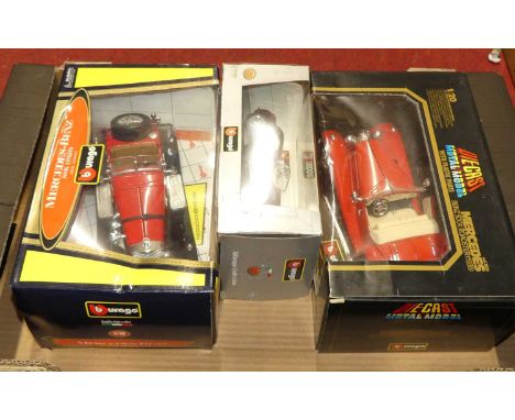 Three boxes containing a quantity of mainly 1/18 scale boxed and loose Burago and Maisto diecast vehicles