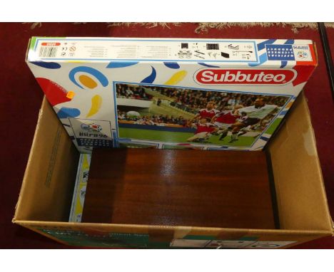 A box of mixed children's board games to include a Subbuteo, UEFA Euro 96 gift set