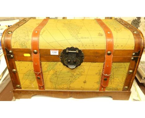A reproduction beechwood and faux canvas bound trunk, printed with a map of the world, w.55cm 