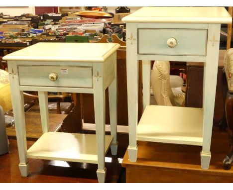 A matched pair of soft turquoise and yellow painted single drawer lamp tables, the larger w.48cm 