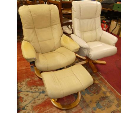 A Stressless leather reclining chair, one other and a footstool.