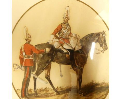 Pair, watercolours of cavalry officers on horseback,framed as ovals, signed with monogram ACA, 19x15cm, together with a Victo