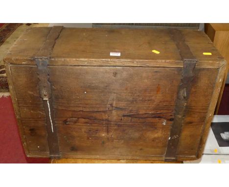 An antique pine and metal bound fitted tool trunk, w.68cm 
