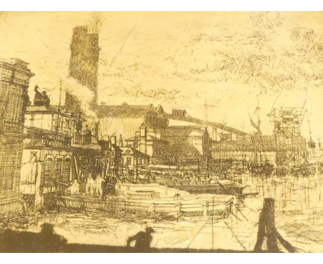 Early 20th century English school harbour scene etching, indistinctly signed and dated 1927 lower right, 17x20.5cm