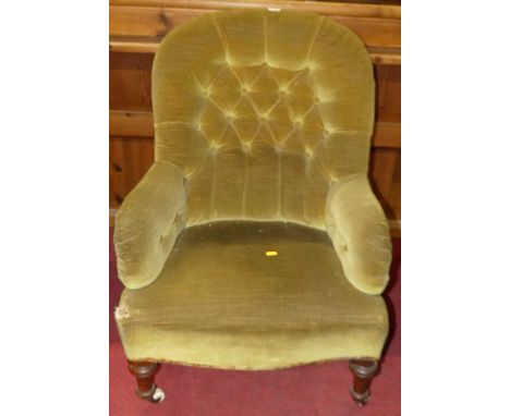 A Victorian mahogany framed and later button backed dralon upholstered spoonback nursing chairHeight 88cm, to seat 32cm.