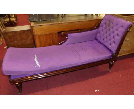 A William IV mahogany framed chaise longue, later upholstered in button-backed mauve silk damask with squab cushion, width 17