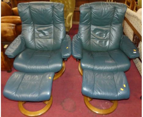 A pair of Stressless recliner armchairs, with footstools, each upholstered in rich green leatherSome light wear to arms.Other