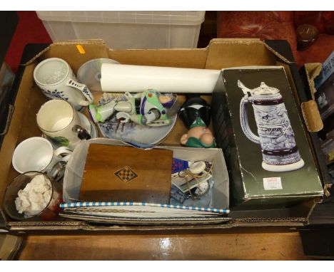 Mixed lot containing a quantity of ceramics, silver plated pocket watch, German tankard, keyrings and pin badges, various tra