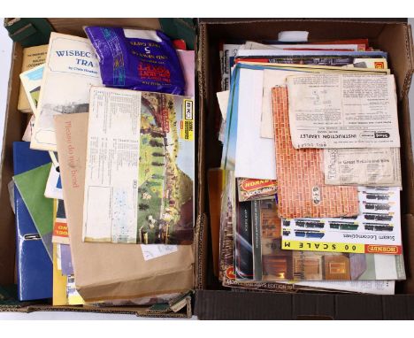 Four boxes of Hornby, Bachmann, and other catalogues, books, and posters, all in good condition.