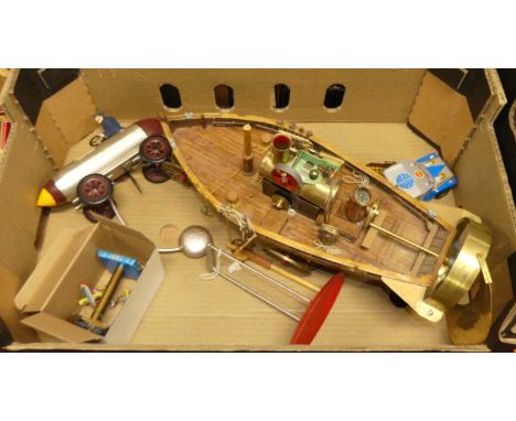 A wooden scratch built model of a steam powered Hot Air Blimp, and various other tinplate and clockwork novelties