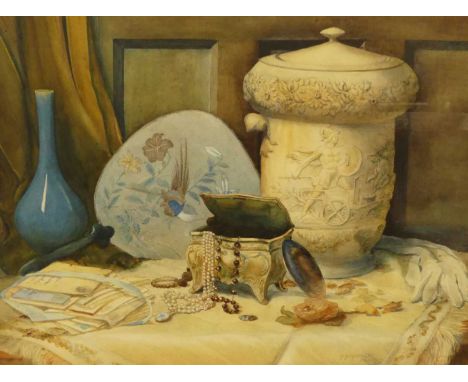 F. Stansfield - Still life with jewellery casket, watercolour, signed and dated 1914 lower right, 41 x 55cmPainting in excell