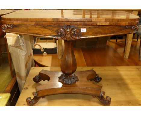 A William IV rosewood pedestal card table, the fold over top with swivel action, width 91.5cm