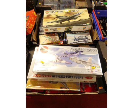 2 boxes of Airfix, Revell and similar plastic aircraft kits to include The Airfix 90 Years of Fighters Triple pack gift set