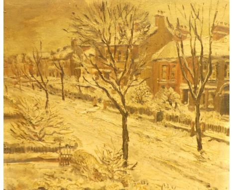 Sidney Smith (1912-1982) - Snowy Winter Street Scene, oil on board, signed lower right, 30 x 35cmFrame rub around the edges (