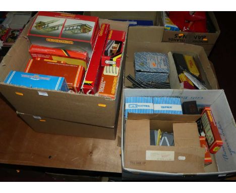 Four boxes of 00 gauge and TT gauge, lineside accessories to include a Thomas the Tank Engine R230 goods set, together with v