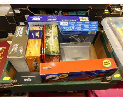 A box of diecast model aircraft, racing gift sets and puzzles to include a Corgi Aviation Archive Grumman Avenger TBM-3 dieca