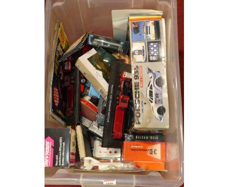 One tray of mixed tinplate diecast and other novelties to include a plastic Flying Phantom aircraft, a Sonic Control Porsche 