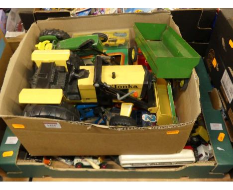 Two boxes of playworn tin plate and diecast miniatures to include Tonka, ERTL, Majorette and others