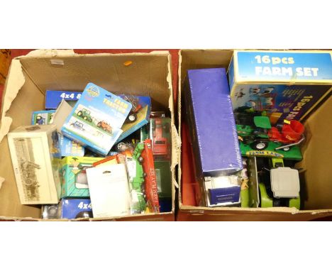 Two boxes of mainly plastic and diecast related 1980s and modern release farming and commercial vehicles, to include a Speedd