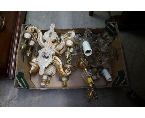 A Dutch style brass five branch ceiling light, 43cm high; together with other various light fittings.&nbsp; 